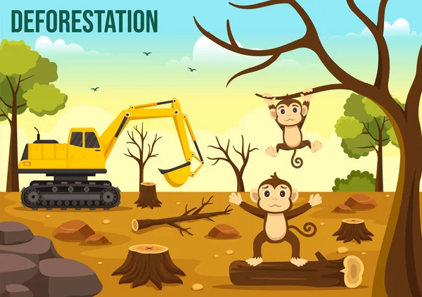 벌채용 Deforestation Illustration Tree Felled Forest Burning Pollution Cartoon Hand — 스톡 벡터
