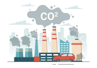 Karbon Dioksit veya CO2 İllüstrasyonuyla Dünya 'yı İklim Değişikliğinden Kurtarma Fabrika ve Araç Kirliliğinin Elle Çekilen Şablonları Sonuçları