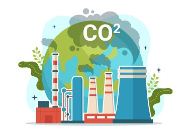 Karbon Dioksit veya CO2 İllüstrasyonuyla Dünya 'yı İklim Değişikliğinden Kurtarma Fabrika ve Araç Kirliliğinin Elle Çekilen Şablonları Sonuçları