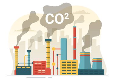 Karbon Dioksit veya CO2 İllüstrasyonuyla Dünya 'yı İklim Değişikliğinden Kurtarma Fabrika ve Araç Kirliliğinin Elle Çekilen Şablonları Sonuçları