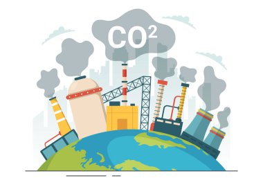Karbon Dioksit veya CO2 İllüstrasyonuyla Dünya 'yı İklim Değişikliğinden Kurtarma Fabrika ve Araç Kirliliğinin Elle Çekilen Şablonları Sonuçları