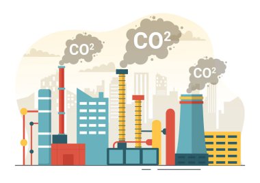 Karbon Dioksit veya CO2 İllüstrasyonuyla Dünya 'yı İklim Değişikliğinden Kurtarma Fabrika ve Araç Kirliliğinin Elle Çekilen Şablonları Sonuçları