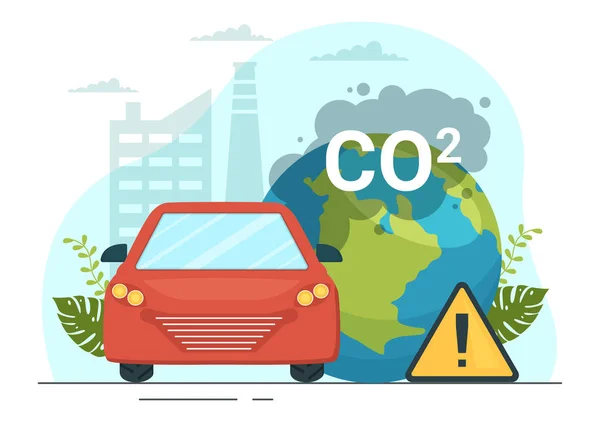 手绘模板中的工厂和车辆污染对拯救地球免受气候变化影响的二氧化碳或二氧化碳说明 — 图库矢量图片