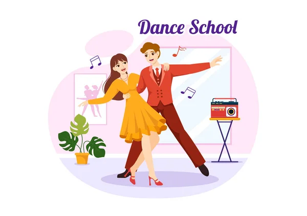 Dance School Illustratie Van Mensen Dansen Choreografie Met Muziekapparatuur Studio — Stockvector