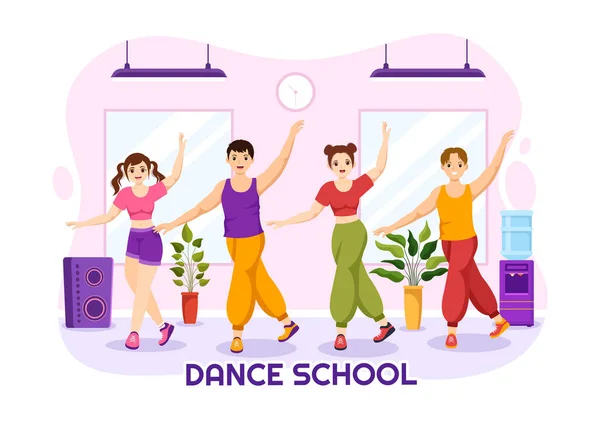 Szkoła Tańca Ilustracja Ludzi Tańczących Lub Choreografii Sprzętem Muzycznym Studio — Wektor stockowy