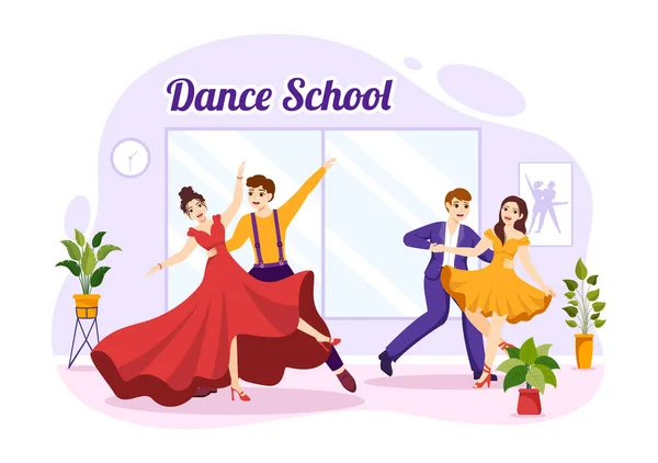 Escuela Danza Ilustración Personas Bailando Coreografía Con Equipo Musical Estudio — Vector de stock
