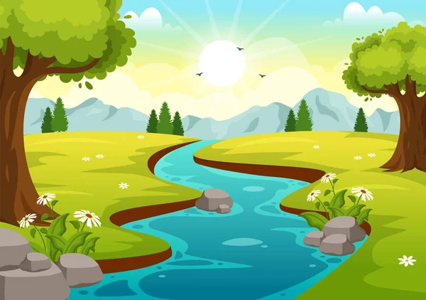 Ποταμός Τοπίο Εικονογράφηση Θέα Βουνά Πράσινα Πεδία Δέντρα Και Δάσος — Διανυσματικό Αρχείο