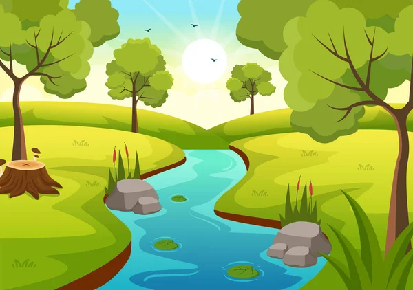 ビュー山 緑のフィールド 木々やフラット漫画手描きのテンプレートで川を囲む森と川の風景イラスト — ストックベクタ