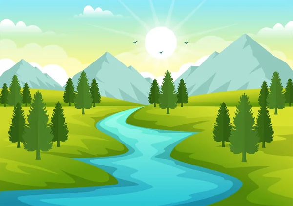 Ilustracja Krajobrazu Rzeki Widokiem Góry Zielone Pola Drzewa Las Otoczenie — Wektor stockowy