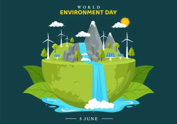 Ilustração Dia Mundial Meio Ambiente Com Árvore Verde Animais Floresta —  Vetores de Stock