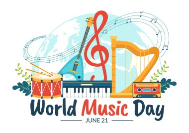 Yayımlama Posteri ya da İniş Sayfası Şablonları için Çizilmiş Düz Çizgi Filmlerdeki Çeşitli Müzik Enstrümanları ve Notlarla Dünya Müzik Günü İllüstrasyonu