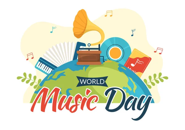 stock vector World Music Day Illustration with Various Musical Instruments and Notes in Flat Cartoon Hand Drawn for Publication Poster or Landing Page Templates