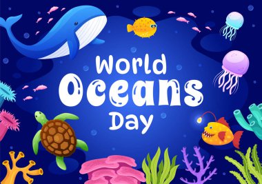 Okyanus, Balık, Ekosistem veya Deniz Bitkilerinin İniş Sayfası Şablonları İçin Çizilmiş Düz El Çizimlerinde Korunmasına ve Korunmasına Yardım Etmek İçin Dünya Okyanuslar Günü İllüstrasyonu