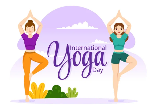 stock vector International Yoga Day Illustration on June 21 with Woman Doing Body Posture Practice or Meditation in Healthcare Flat Cartoon Hand Drawn Templates