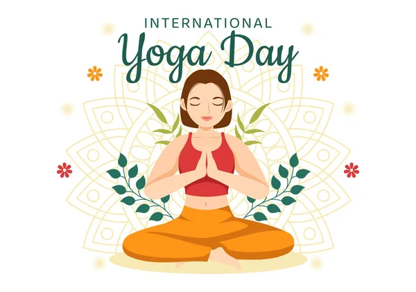 Ilustración Del Día Internacional Del Yoga Junio Con Práctica Postura — Archivo Imágenes Vectoriales