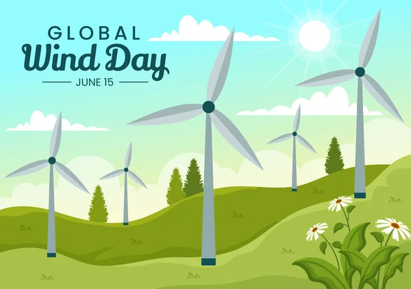 stock vector Global Wind Day Vector Illustration on June 15 with Earth Globe and Winds Turbines on Blue Sky in Flat Cartoon Hand Drawn Landing Page Templates