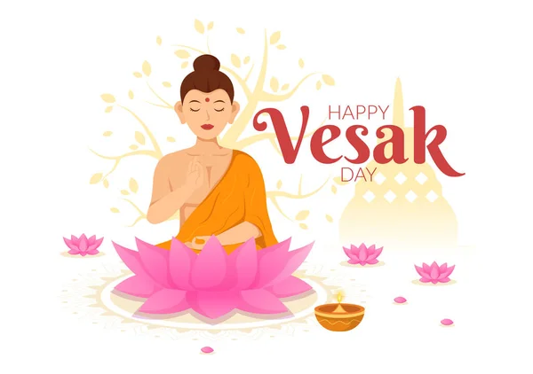 stock vector Vesak Day Celebration Vector Illustration with Temple Silhouette, Lotus Flower, Lantern or Buddha Person in Flat Cartoon Hand Drawn Templates