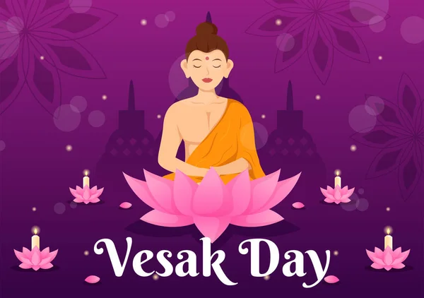 stock vector Vesak Day Celebration Vector Illustration with Temple Silhouette, Lotus Flower, Lantern or Buddha Person in Flat Cartoon Hand Drawn Templates