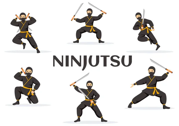 Ilustração Vetor Ninjutsu Com Caráter Ninja Shinobi Japão Estilo Liso — Vetor de Stock