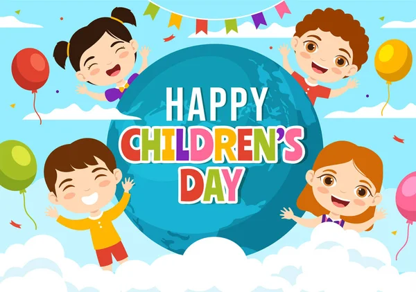 背景におもちゃで男の子と女の子の子供たちと幸せな子供の日ベクトルイラストウェブバナーやランディングページテンプレートのために描かれたフラット漫画の手 — ストックベクタ