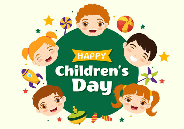 Happy Children Day Vector Illustration with Boy and Girl Kids in Toys on Background Flat Cartoon Hand Drawn for Web Banner or Landing Page Templates