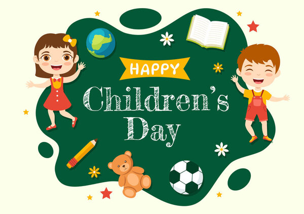Happy Children Day Vector Illustration with Boy and Girl Kids in Toys on Background Flat Cartoon Hand Drawn for Web Banner or Landing Page Templates
