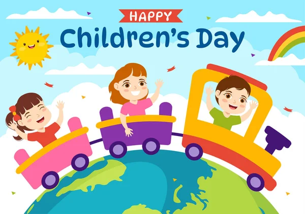 stock vector Happy Children Day Vector Illustration with Boy and Girl Kids in Toys on Background Flat Cartoon Hand Drawn for Web Banner or Landing Page Templates