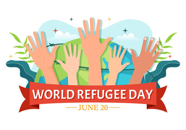 World Refugee Day on 20 June Vector Illustration with Immigration Family and Their Kids Walking Seek Home in Flat Hand Drawn Wire Fence Templates