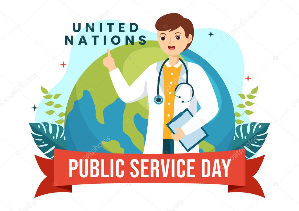  Día del Servicio Público de las Naciones Unidas Ilustración vectorial el   de junio con servicios públicos a la comunidad en plantillas planas de póster dibujadas a mano de dibujos animados