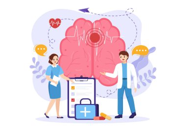 Düz El Çizim Çizim Sayfa Şablonu 'nda Bilimsel Tıp, Hemoraji ve Ağrı Noktasıyla İnsan Beyin Felci Vektör İlülasyonu