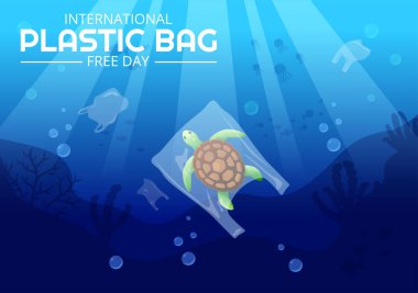 Uluslararası Plastik Poşetsiz Gündüz Vektör Resimleri: Yeşil Git, Dünya 'yı ve Okyanusu Eko Yaşam Tarzı Düz Çizim El Şablonu İçinde Kaydet