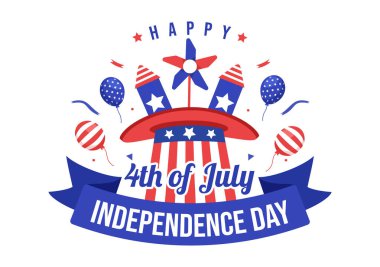 4 Temmuz Bağımsızlık Günü ABD Vektör İllüstrasyonu Amerikan Bayrağı ve Balon Özgeçmişi Çizgili Çizim El İniş Sayfa Şablonu