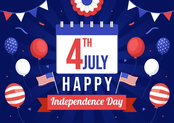 7月4日独立日美国矢量图解与美国国旗和气球背景平板漫画手绘登陆页面模板 — 图库矢量图片