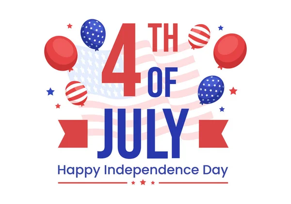 7月4日独立日美国矢量图解与美国国旗和气球背景平板漫画手绘登陆页面模板 — 图库矢量图片