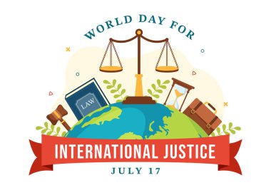 Düz Çizgi El 'deki Dünya Adalet Vektör Resimleri, Ölçek veya Yargıç Gavel İniş Sayfası Şablonlarına Çizildi