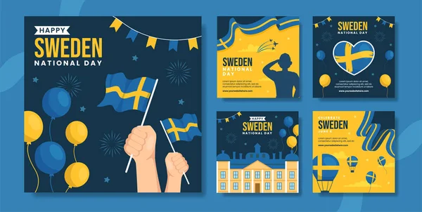 Día Nacional Suecia Social Media Post Plantillas Planas Dibujadas Mano — Archivo Imágenes Vectoriales