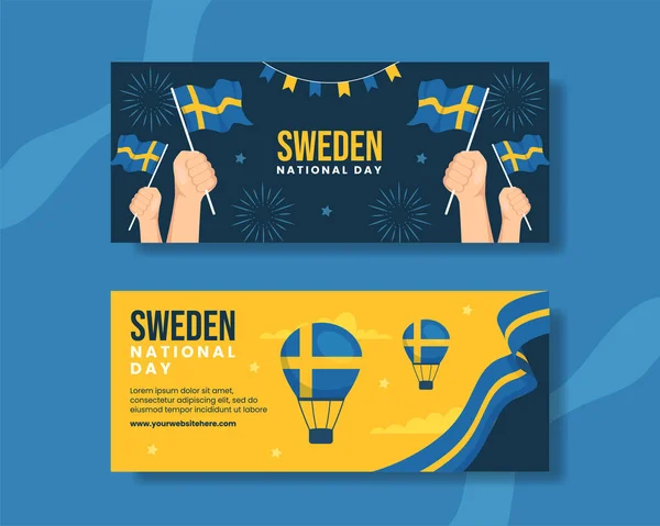 Sverige Nationaldag Horisontell Banner Tecknad Hand Ritade Mallar Bakgrund Illustration — Stock vektor