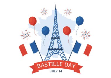 Fransız Bayrağı ve Eyfel Kulesiyle İniş Sayfası Şablonları İçin Çizilmiş Düz Çizgi El 'de 14 Temmuz' da Bastille Günün kutlu olsun.