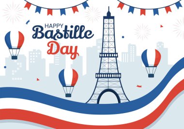 Fransız Bayrağı ve Eyfel Kulesiyle İniş Sayfası Şablonları İçin Çizilmiş Düz Çizgi El 'de 14 Temmuz' da Bastille Günün kutlu olsun.