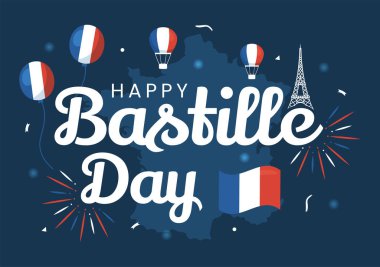 Fransız Bayrağı ve Eyfel Kulesiyle İniş Sayfası Şablonları İçin Çizilmiş Düz Çizgi El 'de 14 Temmuz' da Bastille Günün kutlu olsun.