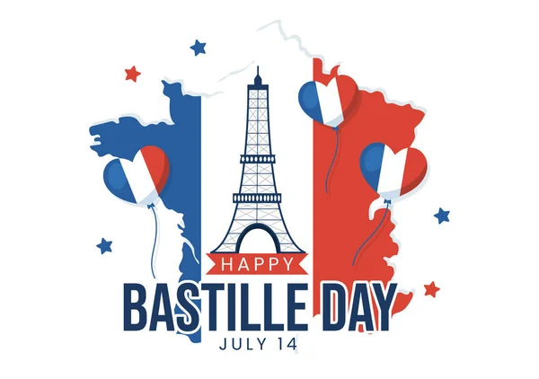 Happy Bastille Day Luglio Illustrazione Vettoriale Con Bandiera Francese Torre — Vettoriale Stock