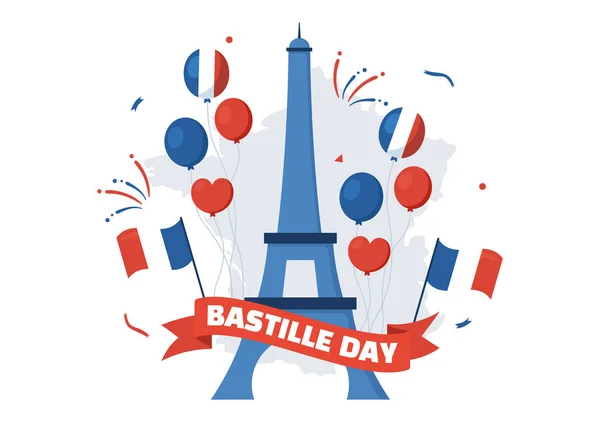 7月14日のハッピーバスティーユの日フランス国旗とエッフェル塔が描かれたベクトルイラストページテンプレート — ストックベクタ