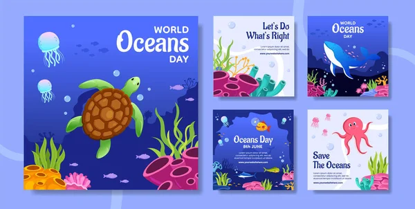 World Oceans Day Social Media Post Flat Cartoon Hand Drawn — Stockový vektor