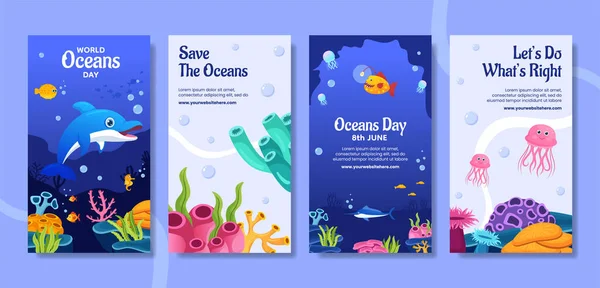 stock vector World Oceans Day Social Media Stories Flat Cartoon Hand Drawn Templates Background Illustration