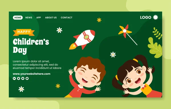 Happy Children Day Social Media Landing Page Lapos Rajzfilm Kézzel — Stock Vector
