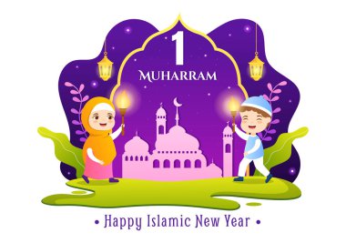 Mutlu Muharram İslami Yeni Yıl Vektör İlülasyonu Düz El Çizim Arkaplan Şablonu 'nda Çocuklar Müslümanlarla