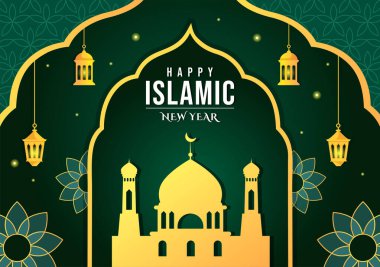 Müslümanlarla Mutlu Muharram İslami Yeni Yıl Vektör İlülasyonu Düz Çizgi El Çizim Arkaplan Şablonu 'nda Kutlama