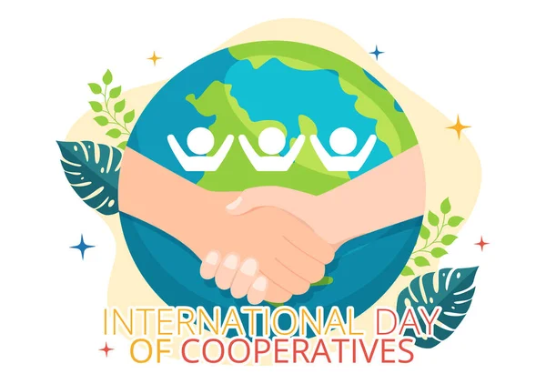Uluslararası Kooperatifler Günü Elle Dünya Haritasıyla Vektör Llüzyonu Düz Çizilmiş — Stok Vektör