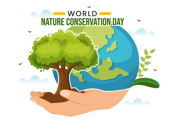 Día Mundial Conservación Naturaleza Ilustración Vectorial Con Mapa Mundial Árbol — Archivo Imágenes Vectoriales