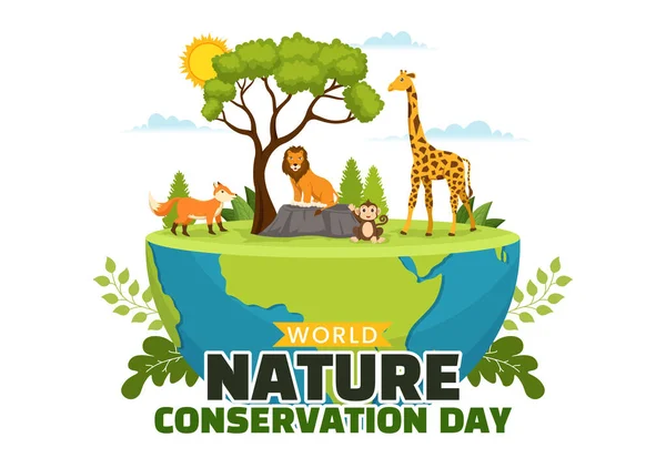 World Nature Conservation Day Vector Illustration World Map Tree Eco — 스톡 벡터